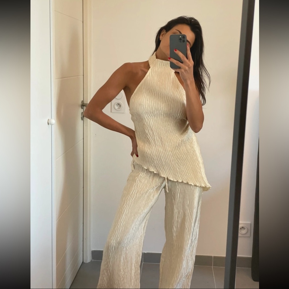 NWT BLOG FAVE ZARA Silk-satin Pleated Pants + top set in Gold/light yellow sizes - Picture 5 of 16